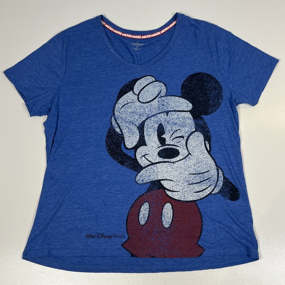 Disney Parks Mickey Mouse Snapshot T-shirt Size 1X Blue Camera Hands V-Neck Tee